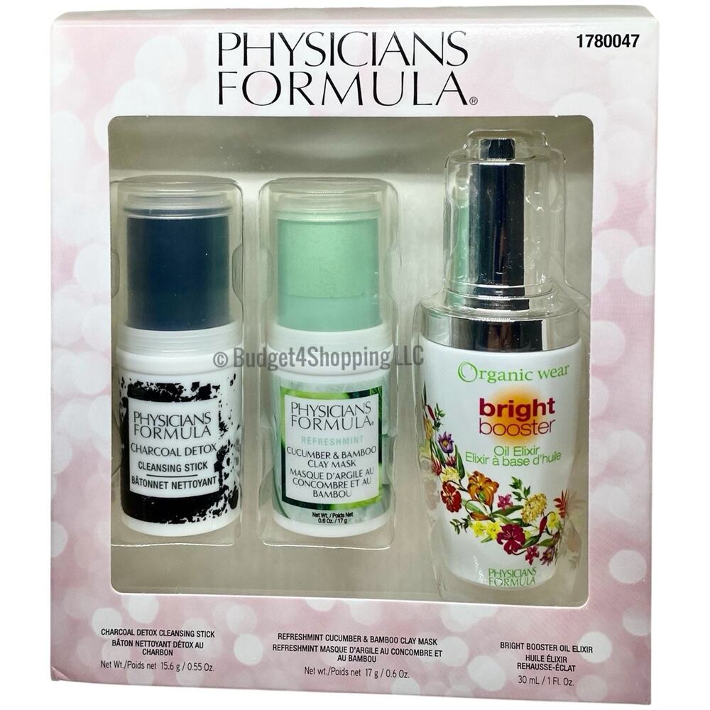 Physicians Formula Charcoal Detox Gift Set 3PC Clay Mask Oil Elixir Organic Wear